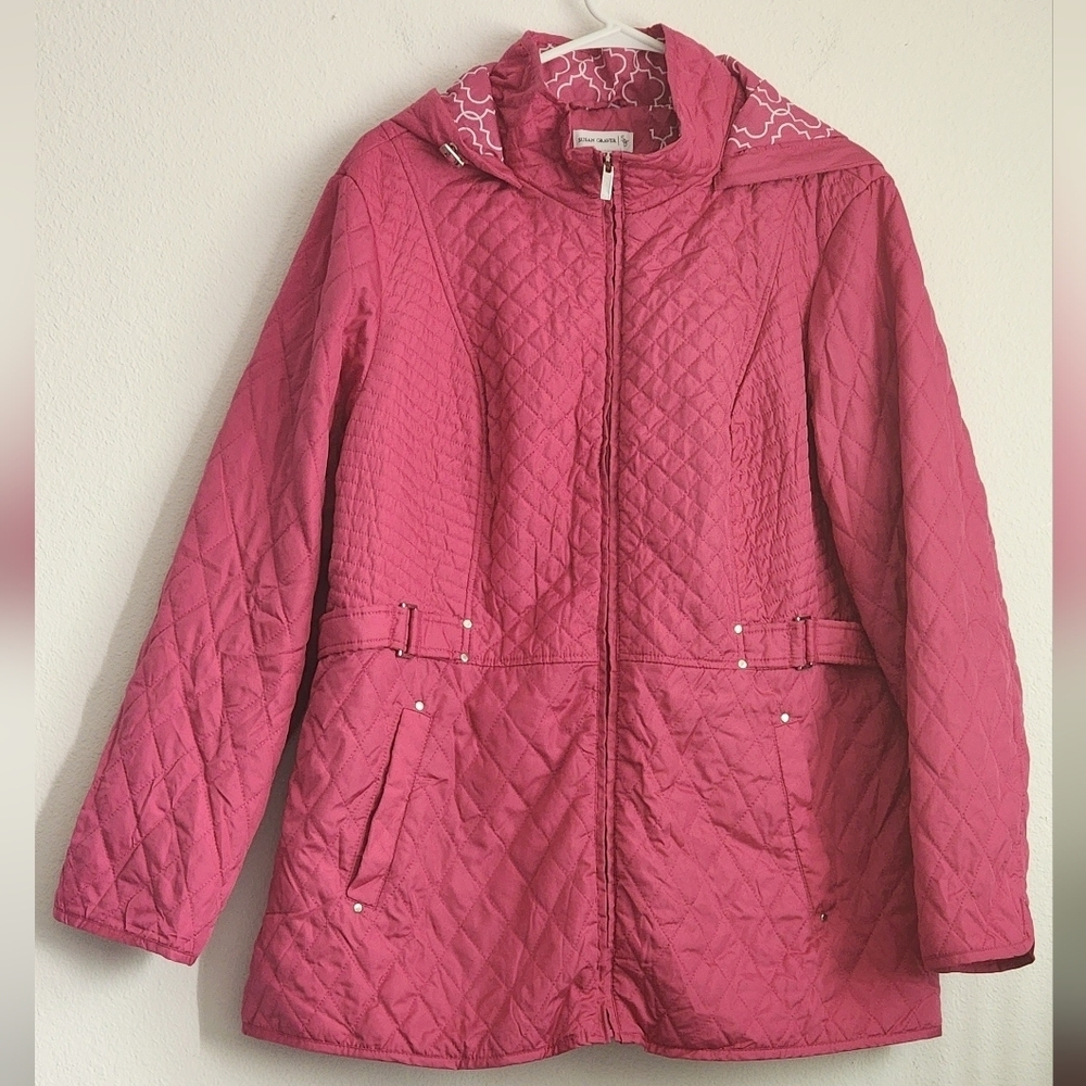 Susan Graver Pink Quilted Mid-length Coat Zip Water & Wind Resistant Sz XL